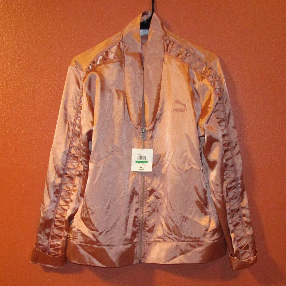 Puma Jacket NEW Woman Large Beige Full Zip Pockets Long Sleeve Shinny Jacket